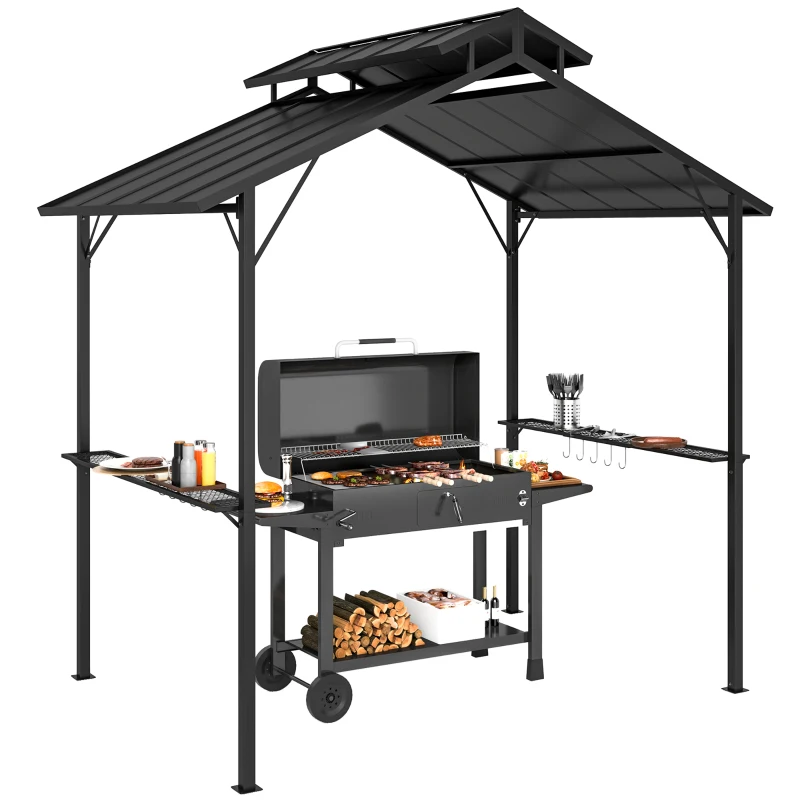 Outsunny 8 x 5ft Hardtop Grill Gazebo with Double Metal Roof, 2 Side Shelves and 10 Hooks for Patio Backyard Lawn Deck
