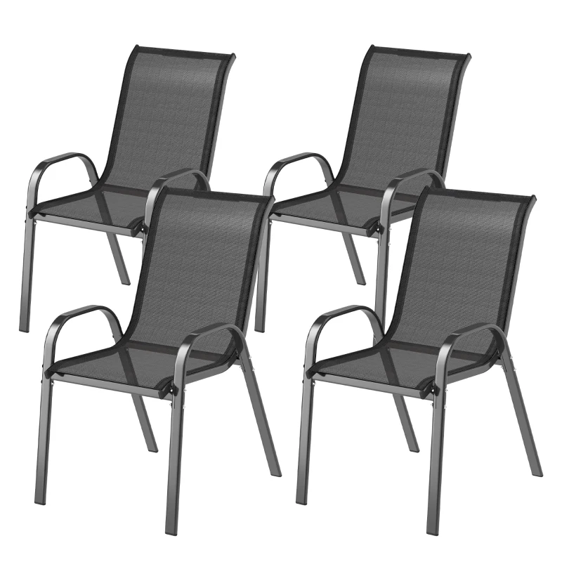 Outsunny Set of 4 Outdoor Dining Chairs, Stackable Lawn Chairs with High Back, Breathable Mesh Seat for Garden Porch, Black