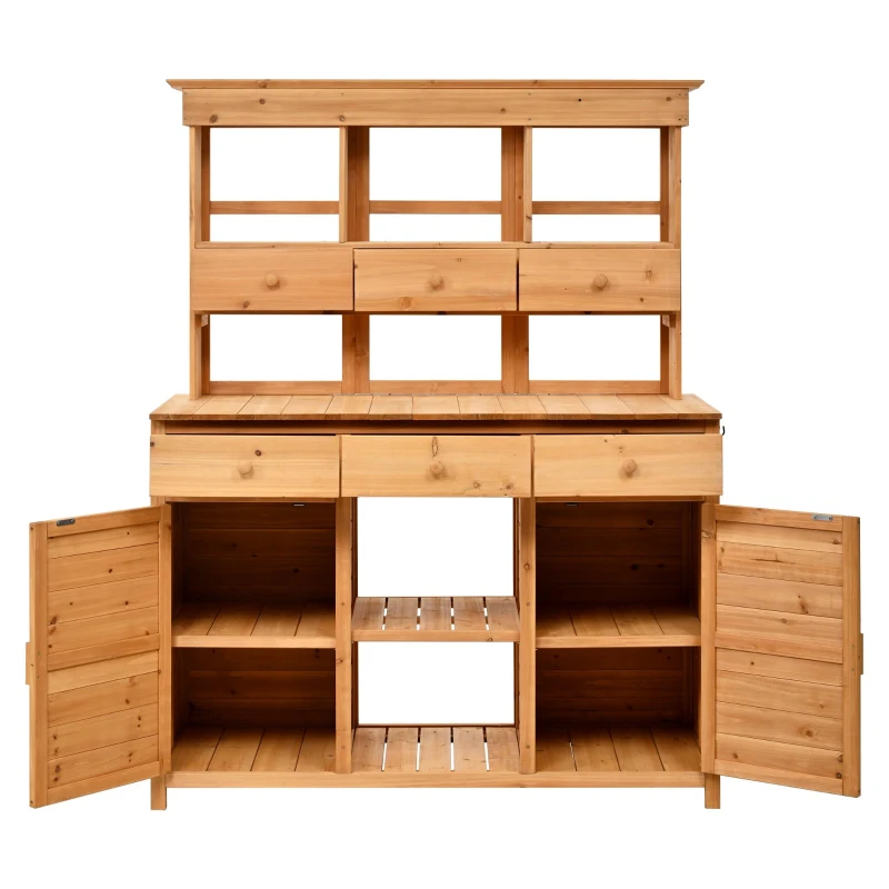 Tall Potting Bench with 3 Shelves, 6 Drawers, Hutch and Cabinet, Wood Garden Workstation for Patio, 50'' L x 20.5'' W x 65.5'' H, Natural