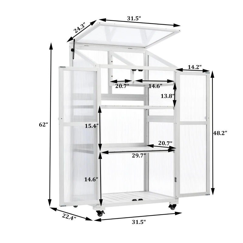 Portable Wood Greenhouse with Openable Roof & 3-Tier Shelf, Vertical Cold Frame for Indoor Outdoor Use, 31.5'' L x 22.5'' W x 62'' H, White