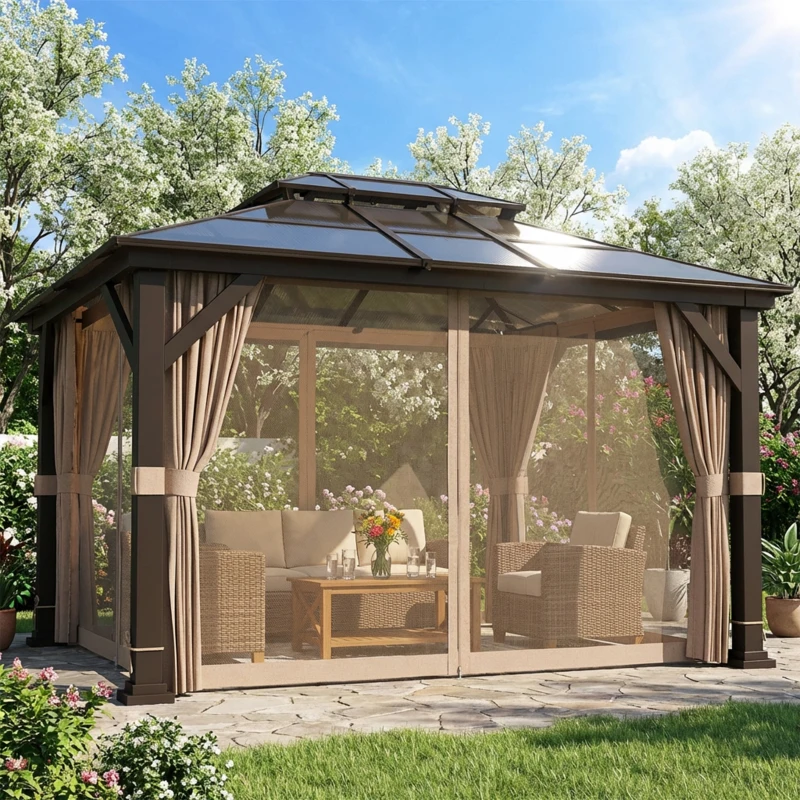 Outsunny 10' x 12' Hardtop Gazebo Canopy with Double PC Roof, Steel Permanent Outdoor Gazebo with Curtains and Netting, Khaki
