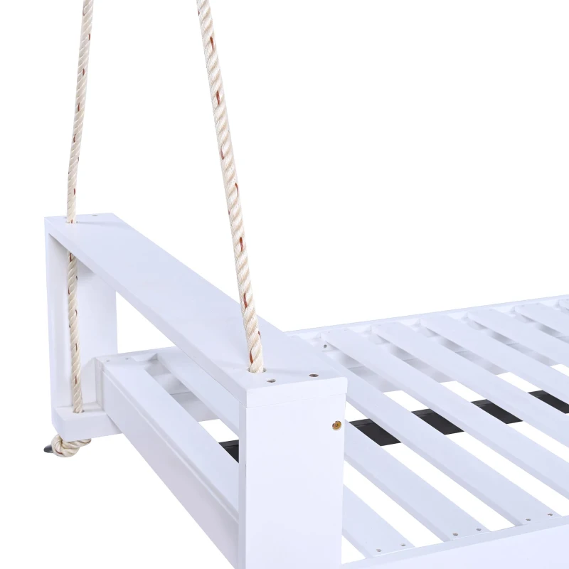 Twin Porch Swing Bed with Acacia Wood Frame & Hemp Ropes, Outdoor Hanging Daybed for Patio & Garden, 86'' L x 41.5'' W x 17.5'' H, White