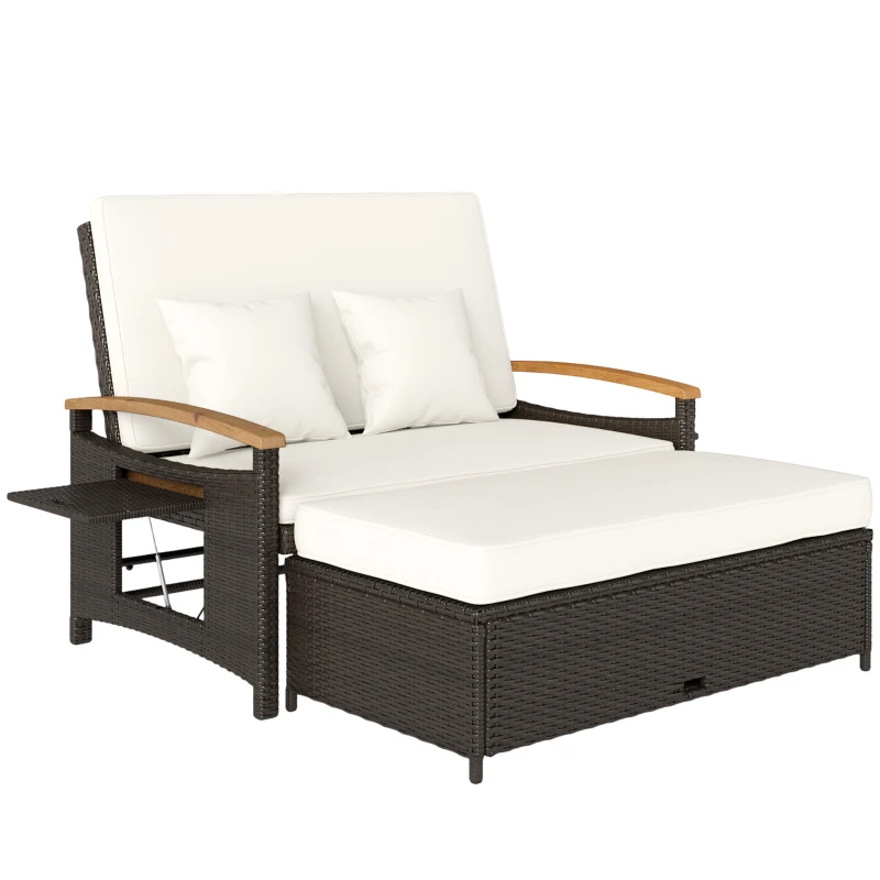Outsunny Rattan Outdoor Daybed w/4-Level Adjustable Backrest, Patio Sofa Bed w/Storage Ottoman, Acacia Wood Armrest, Beige
