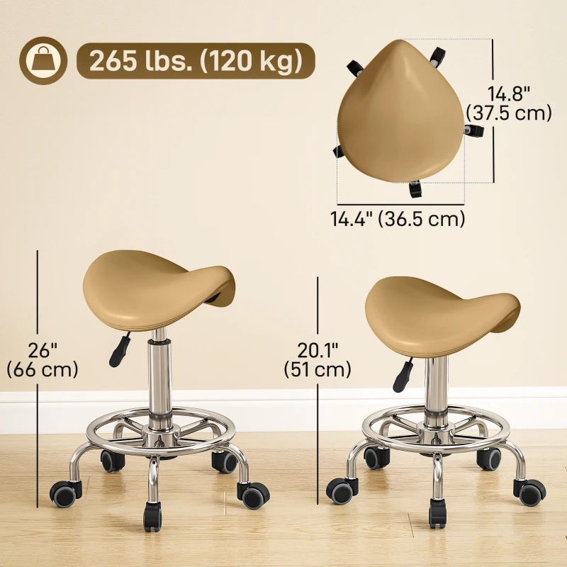 HOMCOM Saddle Stool, PU Leather Adjustable Rolling Salon Chair, Light Brown