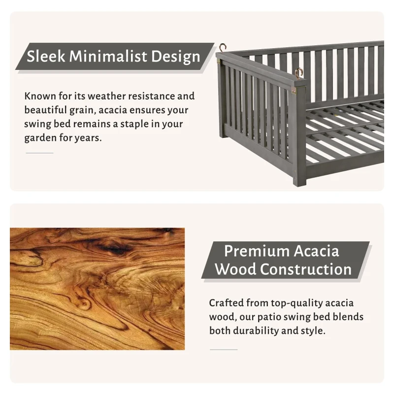 Minimalist Swing Bed with Safe Sloped Design for Backyard, Wooden Porch Swing with High Weight Capacity, 79" L x 41.5" W x 21" H, Gray