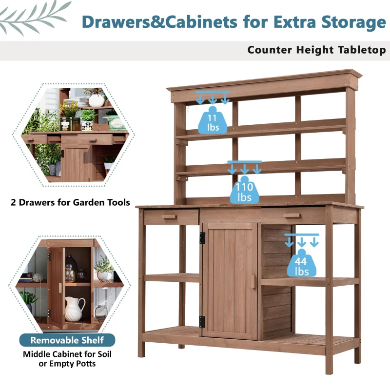 Farmhouse Wooden Potting Bench with 2 Drawer & Cabinet, Outdoor Garden Workstation with Storage Shelf, 50'' L x 20'' W x 66'' H, Brown