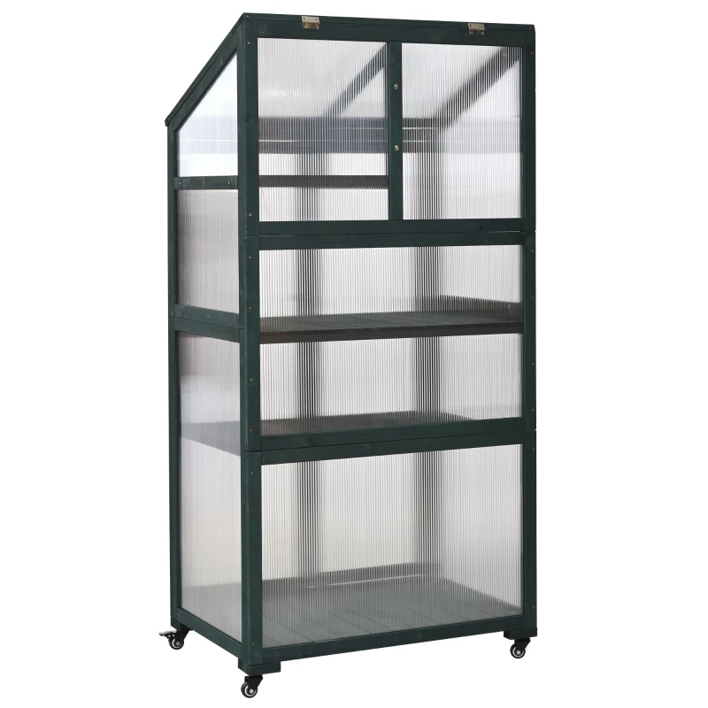Portable Wood Greenhouse with Wheels & 3-Tier Shelf, Solid Wood Frame with Openable Roof for Balcony, 31.5'' L x 22.5'' W x 62'' H, Green