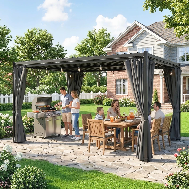 Outsunny 10 x 13 ft Louvered Pergola with Steel Roof, Curtains, Outdoor Metal Pergola Gazebo with Drainage Gutters, Grey
