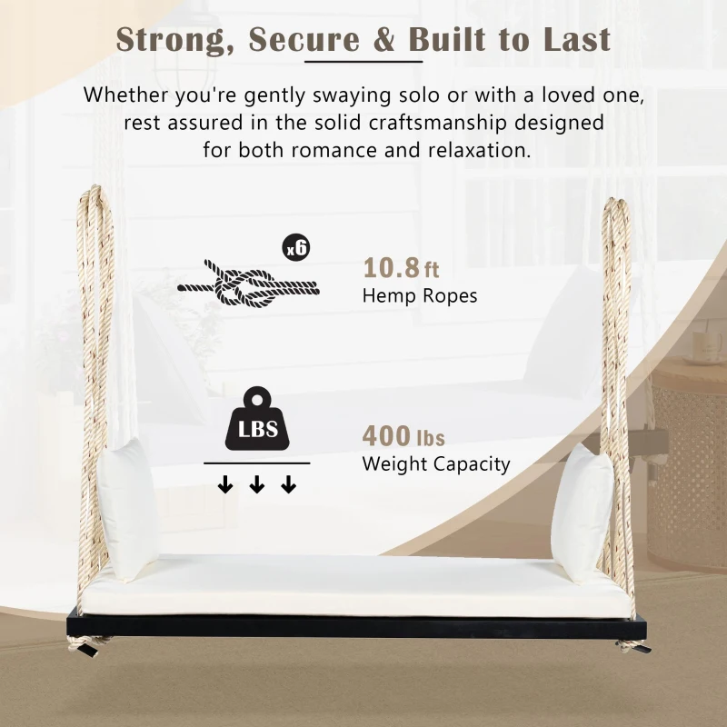 Acacia Wood Porch Swing with Plush Cushion & 2 Throw Pillow, Hanging Swing Bench for Garden & Backyard, 63'' L x 23.5'' W x 2'' H, Black