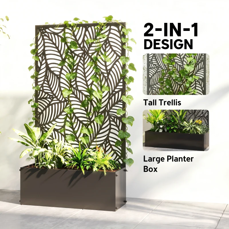 Outsunny Metal Planter Box with Trellis, 44.5" Raised Garden Bed with Trellis Privacy Screen for Climbing Plants, Leaves Cut-Out