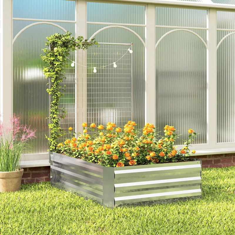 Outsunny Galvanized Raised Garden Bed with Trellis for Climbing Plants, Outdoor Planter Box with Open Bottom, Silver