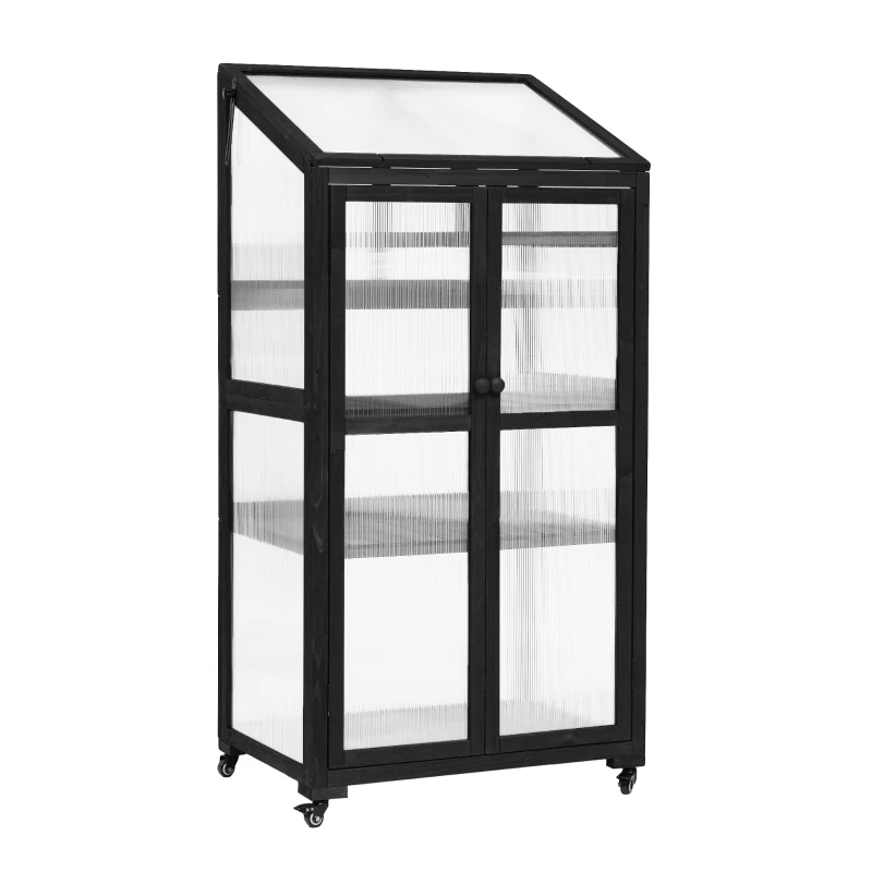 Portable Wood Greenhouse with Wheels & 3-Tier Shelf, Tall Cold Frame with Vented Roof for Balcony Garden, 31.5'' L x 22.5'' W x 62'' H, Black