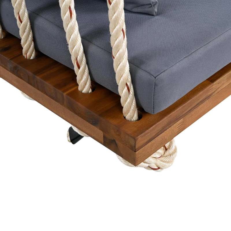 Acacia Wood Porch Swing with 10.8 FT Hemp Ropes, Cushion, 2 Pillows, Hanging Porch Swing Bench for Patio, 63'' L x 23.5'' W x 2'' H, Natural