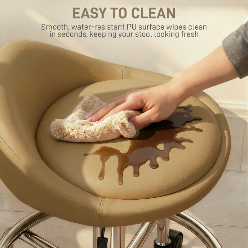HOMCOM PU Leather Rolling Stool, Height Adjustable Swivel Salon Chair with Backrest and Foot Rest for Spa, Tattoo, Light Brown