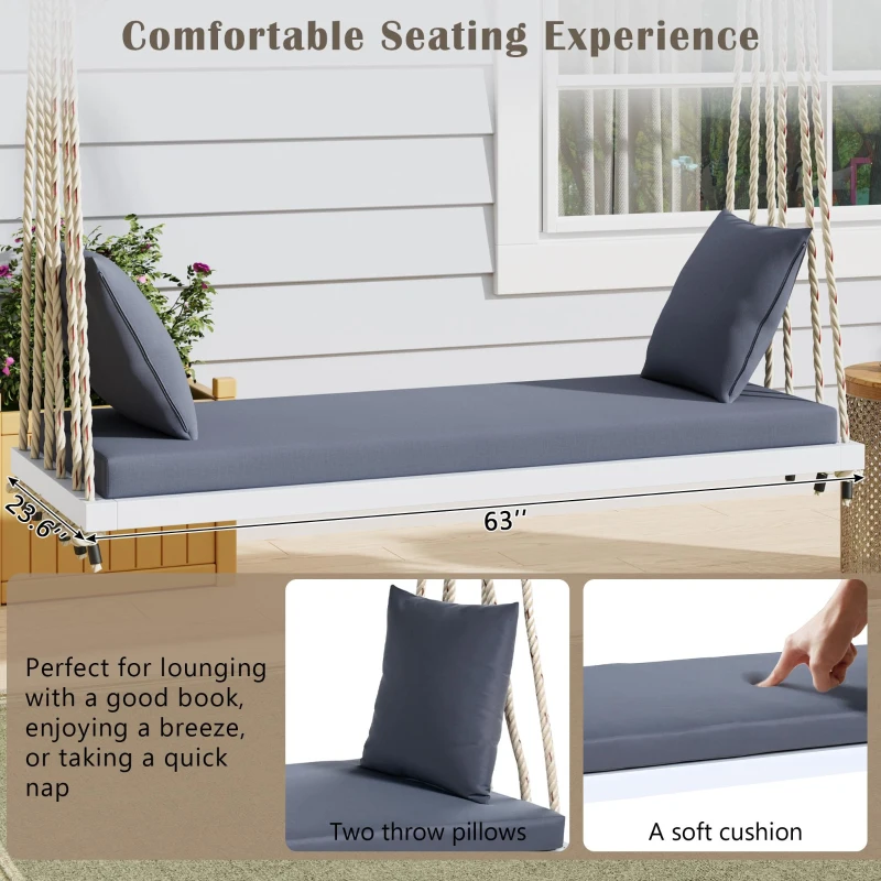 Patio Wooden Swing Chair with 10.8FT Hemp Rop, Hanging Acacia Wood Porch Swing with Cushion & Pillow, 63'' L x 23.5 W x 2'' H, White