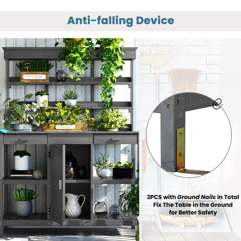 Outdoor Potting Bench with 2 Drawers, Cabinet & Open Shelf, Farmhouse Garden Workstation for Backyard, 50'' L x 19.5'' W x 66'' H, Gray
