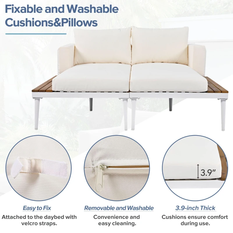 2 In 1 Outdoor Daybed with Wood Side Table for Patio, Convertible Padded Chaise Lounge with Adjustable Leg, 59" L x 55" W x 21" H, Beige