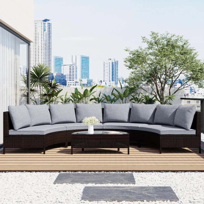 Elegant Sectional Sofa with All-Weather Wicker & Tempered Glass Table, Outdoor Patio Furniture Set for Backyard, 47.5" L x 27" W x 27" H, Gray