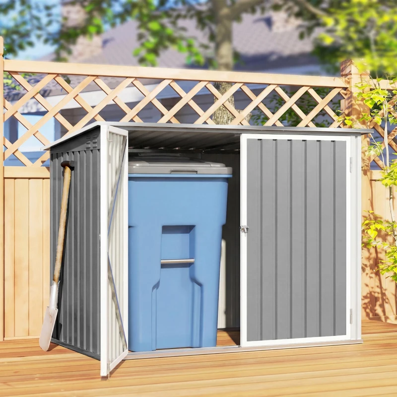 Outsunny Outdoor Metal Storage Shed Garden Garbage Can Organizer with Double Door and Vents for 2 Trash Cans, Light Grey