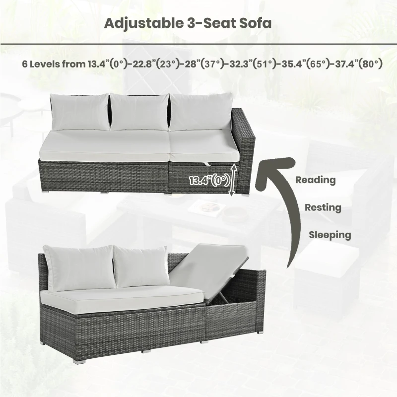 6-Piece Patio Rattan Set with Adjustable Lounger & Storage Box, All-Weather Wicker Furniture for Garden, 75.5" L x 27.5" W x 28.5" H, Beige