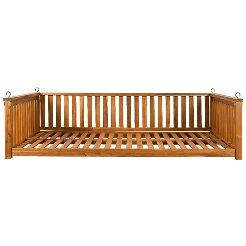 Minimalist Twin Swing Bed with Ropes for Patio & Backyard, Wood Porch Swing with Safe Sloped Design, 79" L x 41.5" W x 21" H, Teak