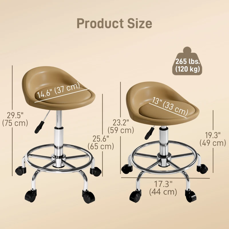 HOMCOM PU Leather Rolling Stool, Height Adjustable Swivel Salon Chair with Backrest and Foot Rest for Spa, Tattoo, Light Brown