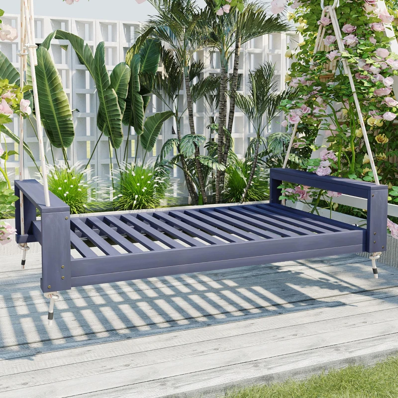 Twin Size Outdoor Porch Swing Bed with 400 LBS Capacity, Acacia Wood Swing Frame for Garden & Patio, 86'' L x 41.5'' W x 17.5'' H, Gray