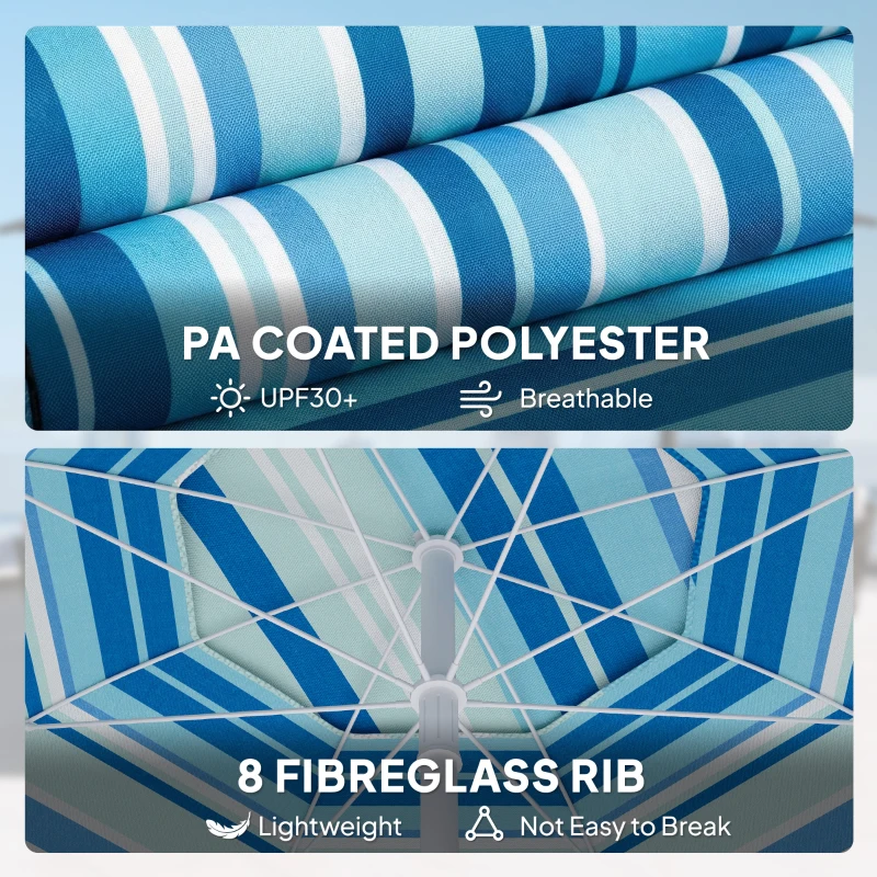 Outsunny 6 ft Portable Beach Umbrella with Foldable Table, Tilting Outdoor Sun Shade with Sand Anchor, Sandbag, Dark Blue