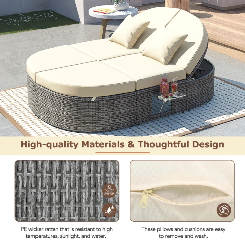 2-Person Patio Daybed with Adjustable Backrest & Cup Tray, Wicker Chaise Lounge with Thick Cushion, 78.5'' L x 55.5'' W x 16.5'' H, Beige
