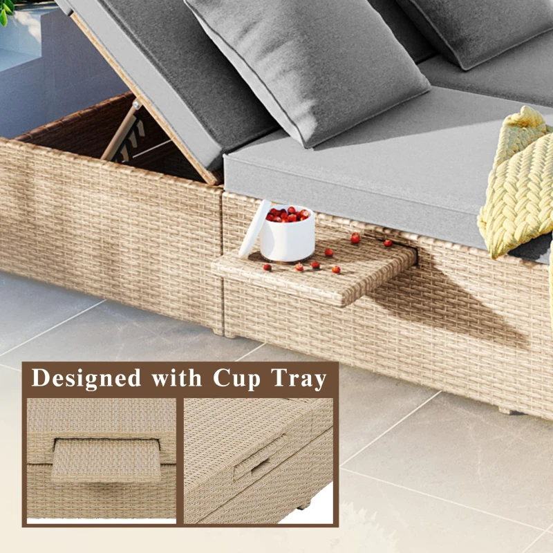 Outdoor Patio Sunbed with Adjustable Backrest & Side Tray, Wicker Rattan Lounger with Thick Cushion, 47" L x 29.5" W x 15" H, Brown