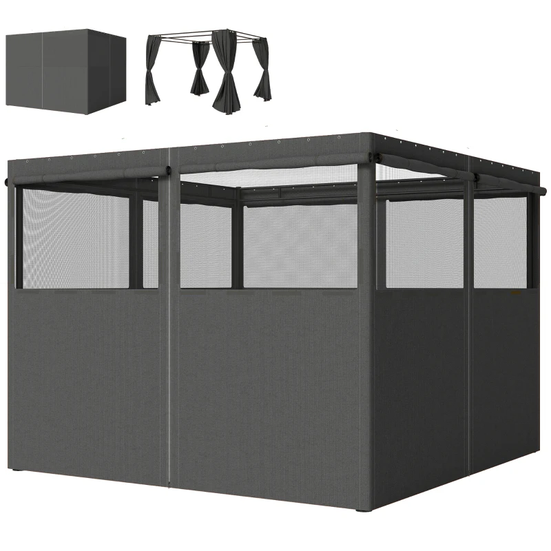 Outsunny Gazebo Curtains, 10' x 10' Universal Replacement Privacy Curtain, 4-Panels Sidewall with Roll up Mesh Windows, Dark Grey