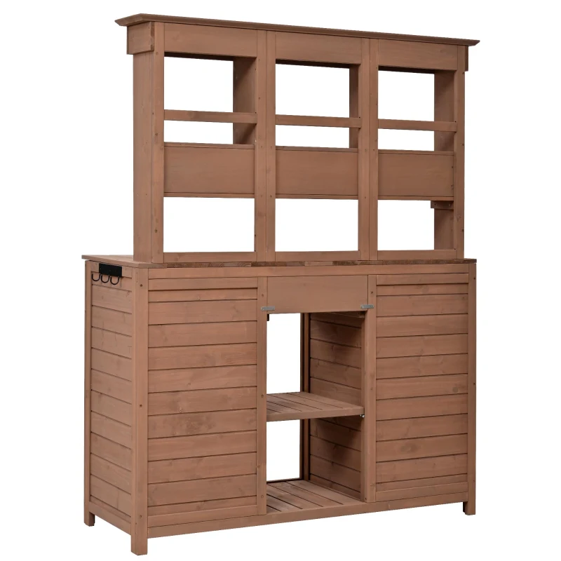 Tall Garden Potting Bench with Hutch & 6 Drawer, Wood Storage Workstation with 3 Shelf & 2 Cabinet, 50'' L x 20.5'' W x 65.5'' H, Brown