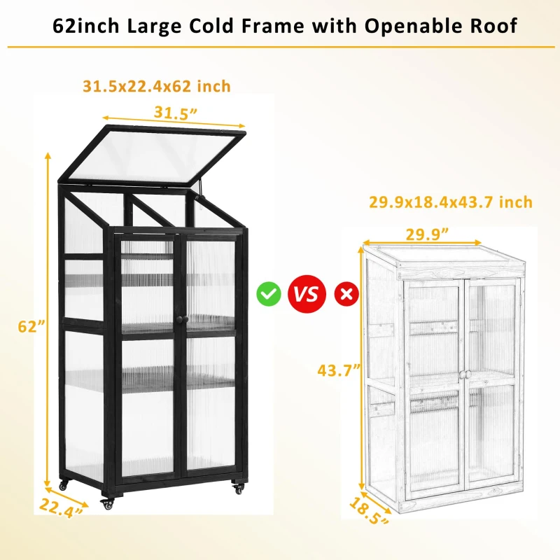 Portable Wood Greenhouse with Wheels & 3-Tier Shelf, Tall Cold Frame with Vented Roof for Balcony Garden, 31.5'' L x 22.5'' W x 62'' H, Black