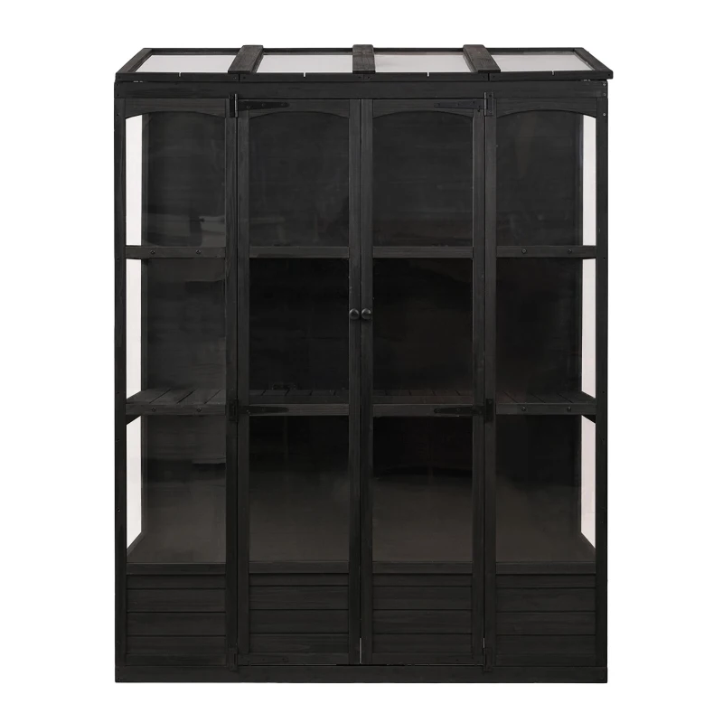Walk-In Wooden Greenhouse with 2 Folding Shelf & 4 Skylight, Sturdy Fir Wood Cold Frame for Backyard, 58'' L x 29'' W x 78'' H, Black