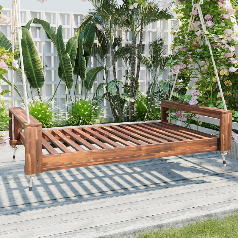 Acacia Wood Porch Swing Bed with Hemp Ropes for Patio, Twin Size Hanging Daybed with 400LBS Capacity, 86" L x 41.5" W x 17.5" H, Natural