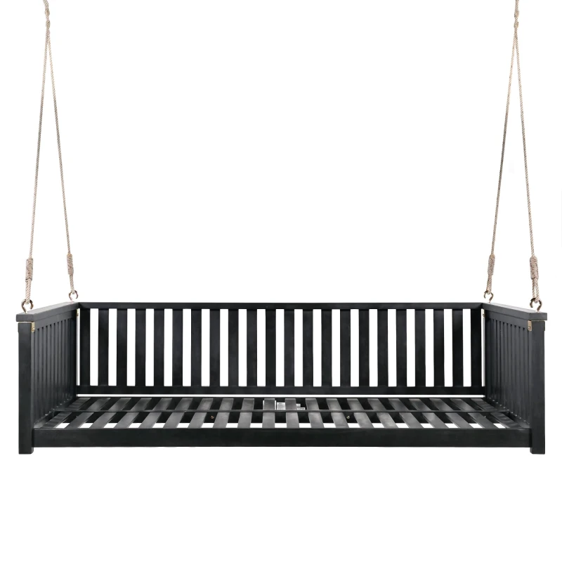 Twin Size Acacia Wood Porch Swing with Ropes for Patio & Garden, Hanging Swing Bed with Sloped Design, 79'' L x 41.5'' W x 21'' H, Black