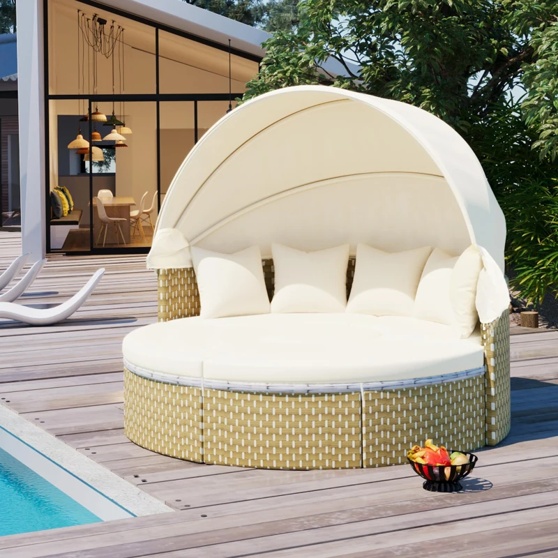 Round Rattan Patio Daybed with Retractable Canopy and Table, Versatile Sunbed with Separate Garden Seating, 66.5" L x 65" W x 53.5" H, Beige