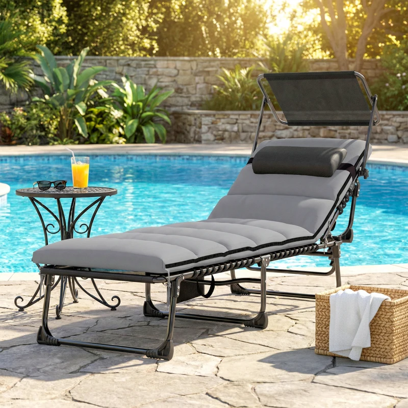 Outsunny Lounge Chair Outdoor, Folding Chaise Lounge with 5-Level Adjustable Back, Cushion, Side Pocket and Headrest