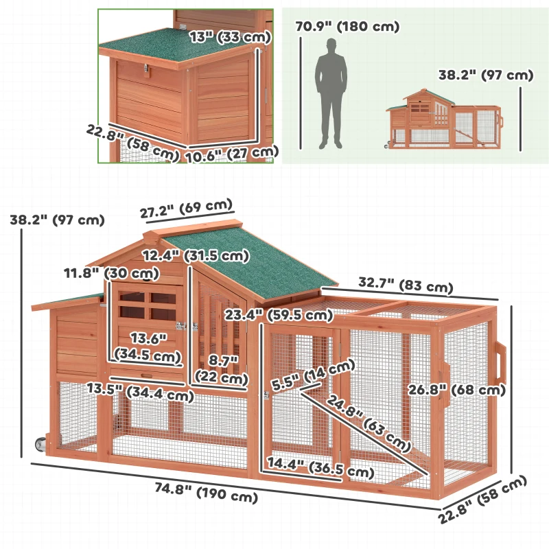 PawHut Chicken Coop with Run Mobile Wooden Hen House with Nesting Box Pull-out Tray for 1-2 Chickens Orange
