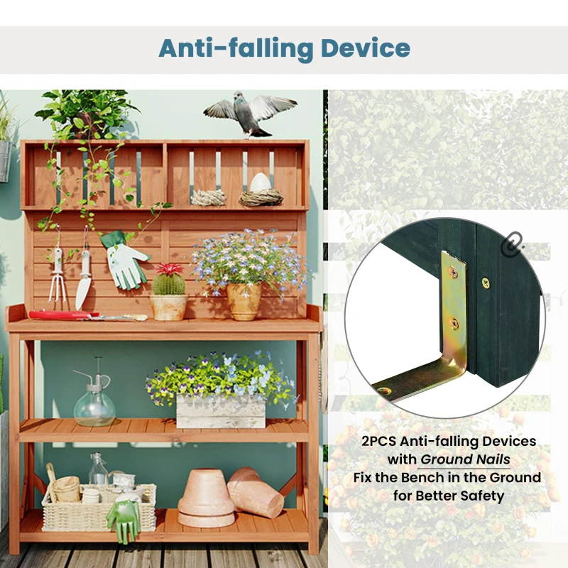 Rustic Wooden Potting Bench with 4 Storage Shelf & Side Hook, Outdoor Garden Workstation for Patio, 47'' L x 19.5'' W x 65'' H, Natural