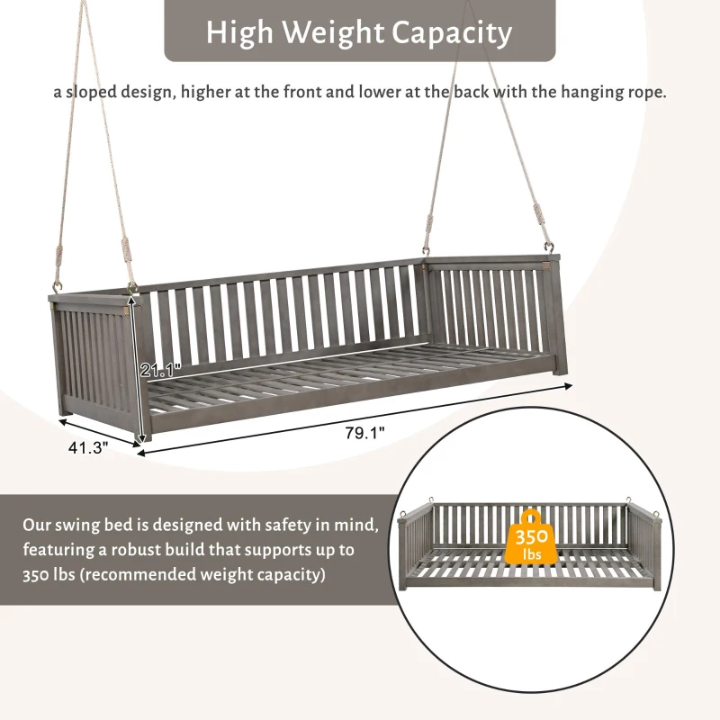 Minimalist Swing Bed with Safe Sloped Design for Backyard, Wooden Porch Swing with High Weight Capacity, 79" L x 41.5" W x 21" H, Gray