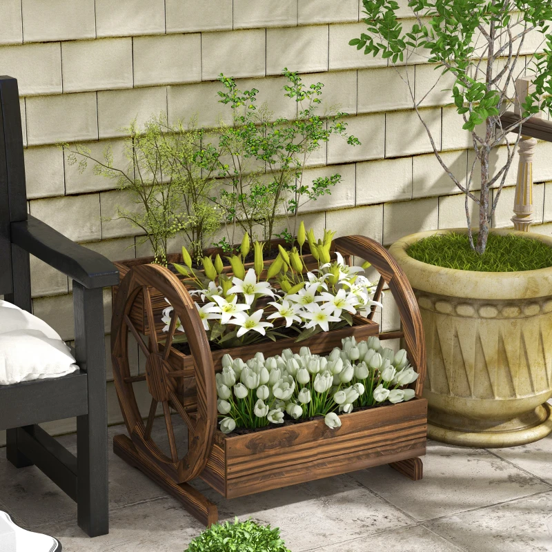 Outsunny Wooden Wagon Planter Box, 3-Tier Raised Garden Bed, for Vegetables Flowers Herbs, 24" x 24" x 22", Carbonized