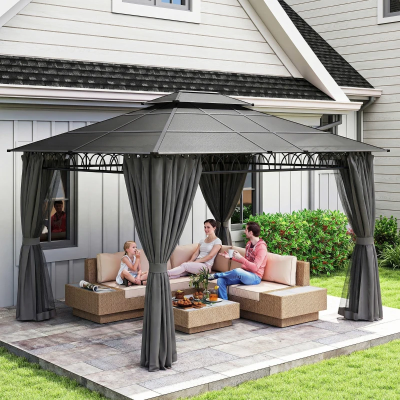 Outsunny 10' x 12' Outdoor Gazebo Canopy, Double Roof Hardtop Gazebo with Polycarbonate Roof, Steel Frame, Nettings and Curtains