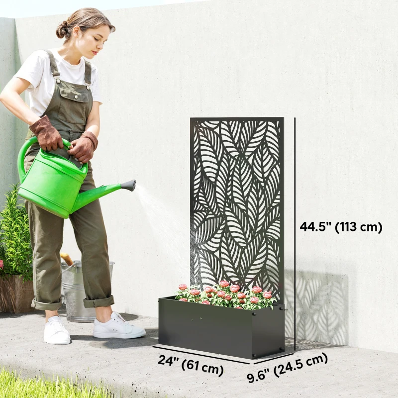 Outsunny Metal Planter Box with Trellis, 44.5" Raised Garden Bed with Trellis Privacy Screen for Climbing Plants, Leaves Cut-Out