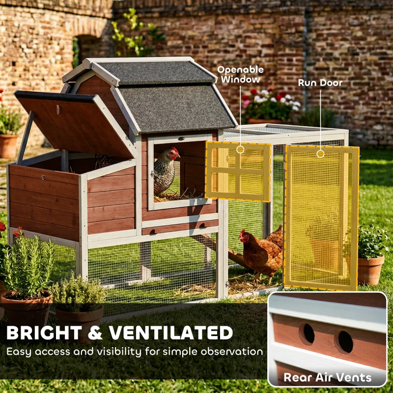 PawHut 71" Chicken Coop for 3 Chickens, Wooden Hen House with Run, Removable Tray, Nesting Box, Waterproof Asphalt Roof