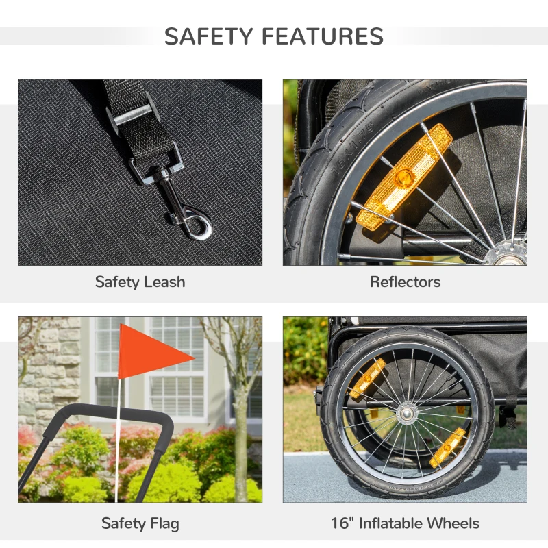 PawHut 2 in 1 Dog Bike Trailer, Dog Stroller with Safety Leash, Hitch, Flag, Reflectors, Cushion for Small Dogs, Black