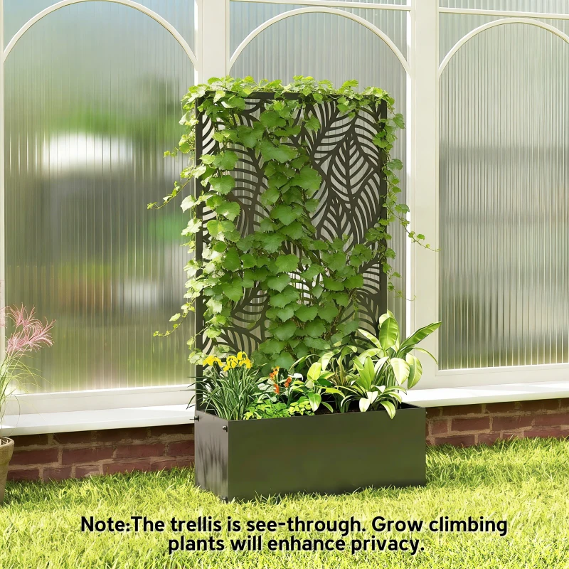 Outsunny Metal Planter Box with Trellis, 44.5" Raised Garden Bed with Trellis Privacy Screen for Climbing Plants, Leaves Cut-Out