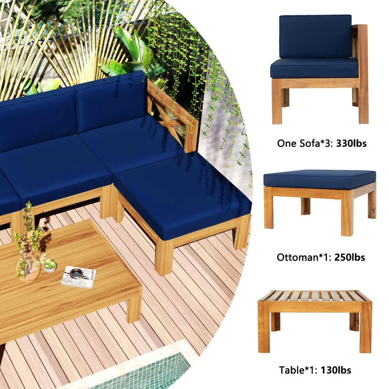 Casual Outdoor Sectional Sofa with Wood Frame & Cushions, Patio Seating Group for Backyard, 25.5" L x 25.5" W x 25.5" H, Natural