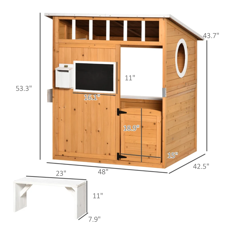 Outsunny Wooden Playhouse for Kids Outdoor with Working Door, Windows, Mailbox, Bench, Flowers Pot Holder, 48" x 42.5" x 53"