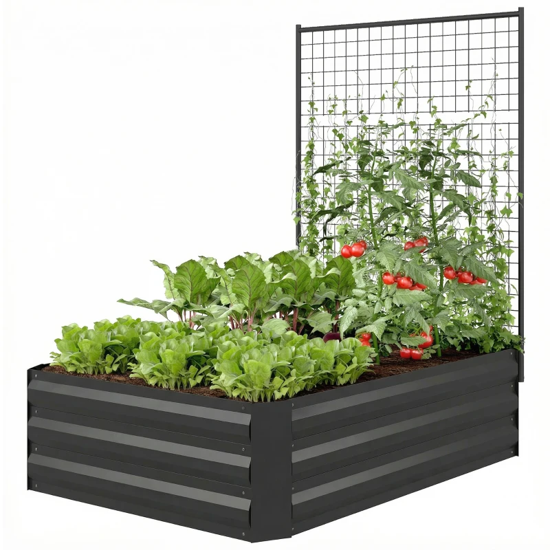Outsunny Galvanized Raised Garden Bed with Trellis for Climbing Plants, Outdoor Planter Box with Open Bottom, Black